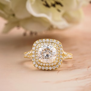 Double Halo Engagement Ring, Cushion Cut Halo Ring, 14k Solid Yellow Gold Ring, Cushion Cut Diamond Ring, Timeless Promise Wedding Ring