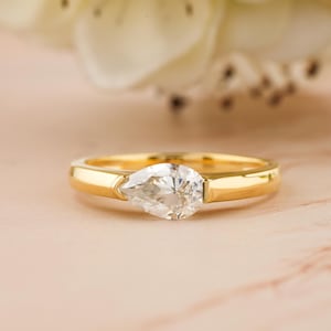 Pear East West Moissanite Engagement Ring, 14K Yellow Gold Solitaire Engagement Ring, Half Bezel Set Wedding Ring, Promise Ring For Her