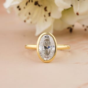 Oval Colorless Moissanite Engagement Bezel Set Ring, Oval Moissanite Bezel Set Ring, Promise Wedding Ring, 14K Yellow Gold Ring