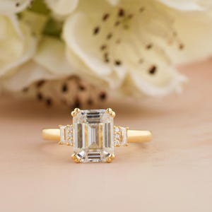 Emerald Cut Moissanite Engagement Ring With Side Baguette Stone, Moissanite Engagement Ring, 14K Solid Yellow Gold Ring, Promise Ring