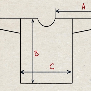 May include: A diagram of a t-shirt with labeled dimensions. The diagram shows the width of the shirt at the shoulders (A), the length from the shoulder to the bottom (B), and the width at the bottom (C).