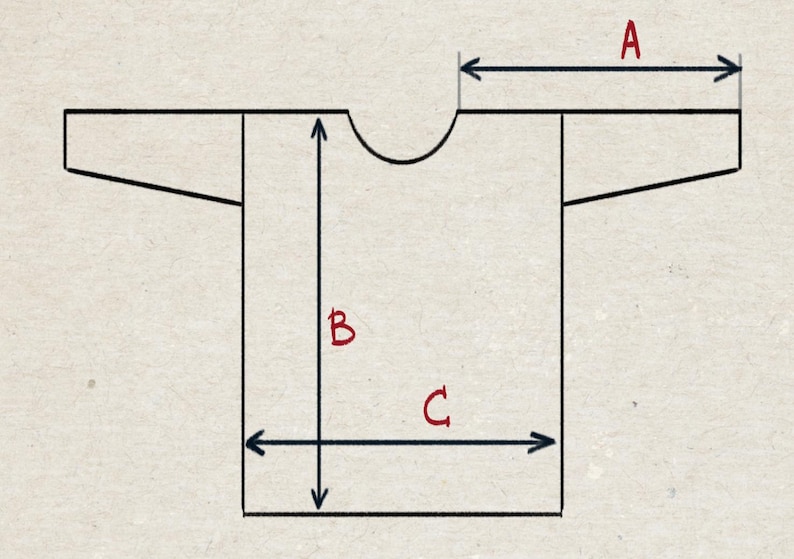 May include: A diagram of a t-shirt with labeled dimensions. The diagram shows the width of the shirt at the shoulders (A), the length from the shoulder to the bottom (B), and the width at the bottom (C).