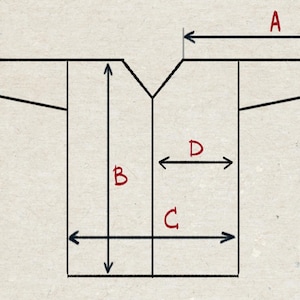 May include: A hand-drawn diagram of a garment, likely a shirt or jacket, with labeled dimensions. The diagram is outlined in black on a beige background. Red letters A, B, C, and D indicate measurement points, suggesting a guide for sizing or pattern making.