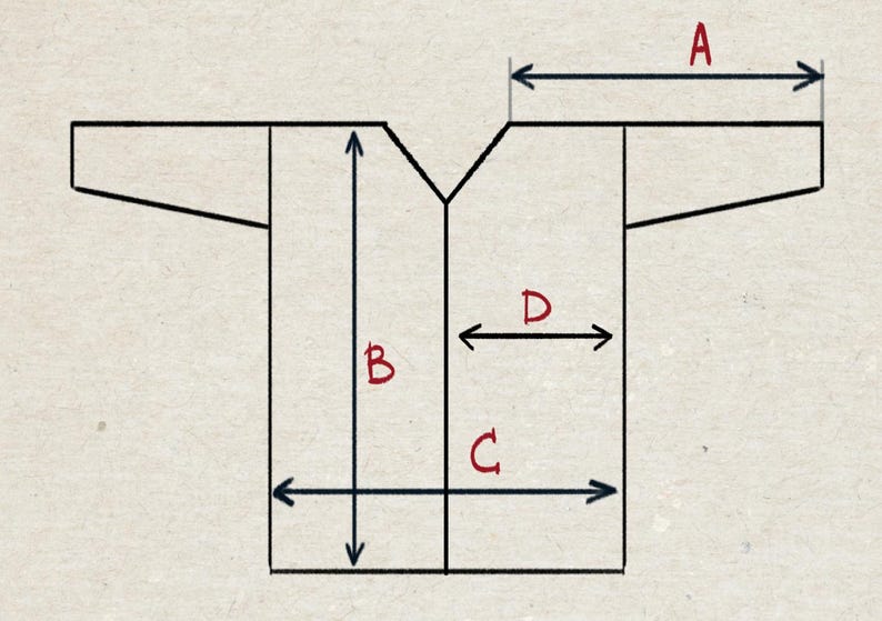 May include: A hand-drawn diagram of a garment, likely a shirt or jacket, with labeled dimensions. The diagram is outlined in black on a beige background. Red letters A, B, C, and D indicate measurement points, suggesting a guide for sizing or pattern making.