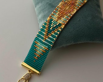 Turquoise miyuki delicabracelet pdf pattern, stunning loom stitch bracelet diy, boho jewelry, burnt orange colors