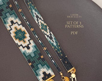 SET OF 3 PATTERNS -  teal loom bracelets, sacred geometry, pdf, beaded jewelry diy