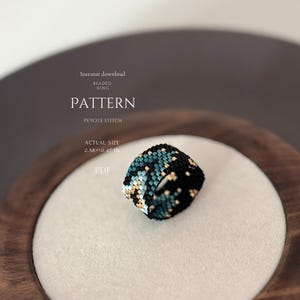 May include: A beaded ring featuring a peyote stitch pattern in black, teal, and gold beads. The text on the image reads: Instant download, BEADED RING, PATTERN, PEYOTE STITCH, ACTUAL SIZE 2.58+0.47 IN, PDF. The ring has a wide, cylindrical band.