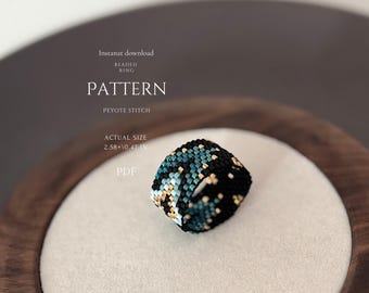Beaded ring PATTERN, peyote stitch, black teal gold, pdf