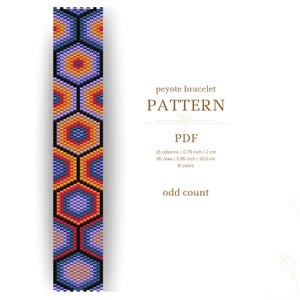 May include: A peyote stitch bracelet pattern with a geometric design in shades of blue, orange, red, yellow, black, and white. The pattern is for an odd count bracelet and is 0.79 inches wide and 5.85 inches long.