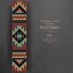May include: A loom square stitch bracelet pattern in PDF format. The pattern features a geometric design with red, yellow, blue, and black colours. The bracelet is 0.9 inches wide and 5.85 inches long.