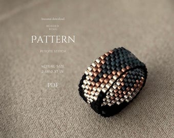 Miyuki delica beaded ring PDF pattern, peyote stitch, unique eye catching design in navy blue gold palette, easy beading, instant download