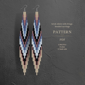 May include: Two beaded earrings with a brick stitch design and fringe. The earrings are made with multiple colours including black, blue, and pink. The text on the image says "brick stitch with fringe beaded earrings" and "PATTERN". The earrings are 9.6 cm long.