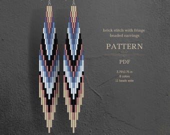 May include: Two beaded earrings with a brick stitch design and fringe. The earrings are made with multiple colors including black, blue, and pink. The text on the image says "brick stitch with fringe beaded earrings" and "PATTERN". The earrings are 3.79 inches long.