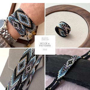 May include: A set of beaded jewelry patterns, including a bracelet, ring, and strips of beaded material. The designs feature black, blue, gold, and lavender beads. The text on the image reads "Beaded Jewelry, Set of 4 Patterns, PDF."