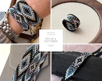 SET MIT 4 ANHÄNGERN - 3 loom bracelets, peyote ring, pdf, Perlenschmuck diy