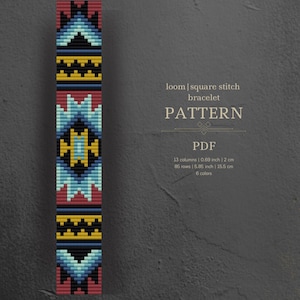 May include: A colorful loom square stitch bracelet pattern in PDF format. The design features geometric shapes in red, blue, black, yellow, and white. The pattern is 0.69 inches wide and 5.85 inches long, with 13 columns and 85 rows.