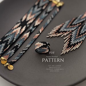 May include: A set of loom-woven jewelry including two bracelets, a ring, and a pair of fringe earrings, all featuring a geometric pattern in black, grey, and metallic copper beads. Text reads: PDF, Instant download, PATTERN, SET OF LOOM BRACELETS, FRINGE EARRINGS AND RING.