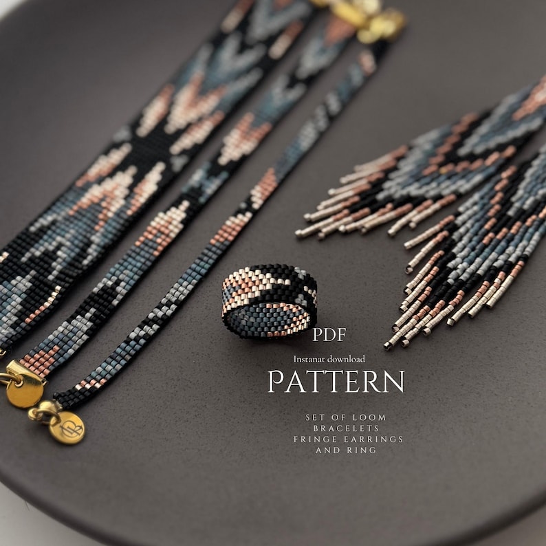 May include: A set of loom-woven jewelry including two bracelets, a ring, and a pair of fringe earrings, all featuring a geometric pattern in black, grey, and metallic copper beads. Text reads: PDF, Instant download, PATTERN, SET OF LOOM BRACELETS, FRINGE EARRINGS AND RING.