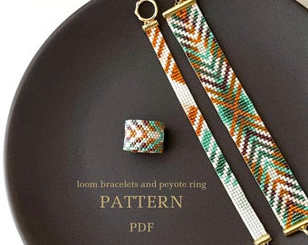 May include: Two loom bracelets and a peyote ring with a geometric pattern in shades of white, brown, green, and orange. The bracelets and ring are on a dark brown surface. The text "loom bracelets and peyote ring PATTERN PDF" is below the jewelry.