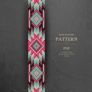 May include: A loom bracelet pattern PDF featuring a repeating geometric design in shades of pink, turquoise, white, and dark brown. The text reads: loom bracelet PATTERN PDF, 17 columns | 0.9 in, 85 rows | 5.85 inch | 16 cm, 5 colours.