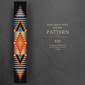 May include: A loom square stitch bracelet pattern in PDF format. The pattern features a geometric design with red, orange, yellow, blue, and black beads. The bracelet is 5.85 inches long and 0.69 inches wide. It requires 9 colors of beads.