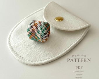 Peyote bead ring pattern with unique design in tropical colors, green\burnt orange, wearable art jewelry diy, miyuki delica ring, pdf