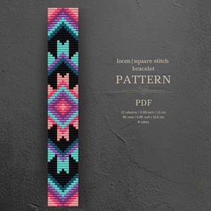 May include: A loom-knitted bracelet pattern featuring a geometric design with pink, purple, teal, and blue colours on a black background. The pattern is 5.85 inches long and 0.69 inches wide, and uses 6 colours.