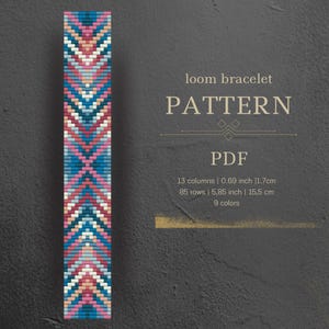 May include: A loom bracelet pattern with a geometric design in shades of blue, pink, and white. The pattern is 13 columns wide and 85 rows long, measuring 0.69 inches wide and 5.85 inches long. The pattern is for a loom bracelet and includes 9 colors.