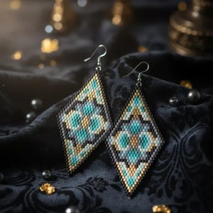 May include: A pair of diamond-shaped beaded earrings featuring a geometric pattern in shades of turquoise, gold, grey, and black. The earrings are constructed from small, uniform beads arranged in a symmetrical design and include silver-toned hooks.