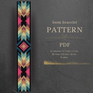 May include: A loom bracelet pattern in PDF format. The pattern is for a colorful bracelet with geometric designs in shades of blue, pink, yellow, brown, and black. The bracelet is 5.8 inches long and 0.7 inches wide. The pattern requires 8 colors.