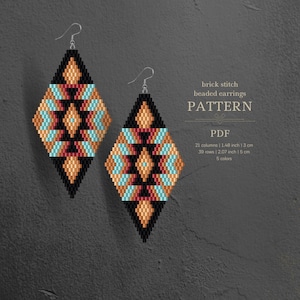 May include: A pair of diamond-shaped beaded earrings with a geometric pattern. The earrings feature a black background with orange, turquoise, and red accents. The text "brick stitch beaded earrings PATTERN PDF" is also visible.