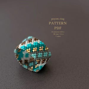 Miyuki delica beaded ring PDF pattern, peyote stitch, unique eye catching design in turquoise gold palette, easy beading, instant download