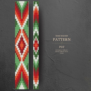 May include: A loom bracelet pattern in PDF format, featuring a geometric design in red, green, and white. The pattern includes 13.5 columns, 0.69 inches wide, 86 rows, and 6.86 inches long. The design uses 6 colors.