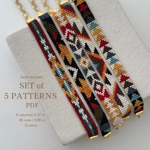 May include: A set of five loom bracelets with intricate geometric patterns in various colors, including red, white, black, and gold. The bracelets are displayed on a white surface, with the text "SET of 5 PATTERNS PDF" visible. Each bracelet is 0.37 inches wide and 5.85 inches long.