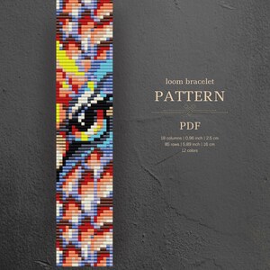 May include: A colorful loom bracelet pattern featuring a detailed eye design in red, blue, yellow, and white. The pattern is 0.96 inches wide and 5.89 inches long, with 18 columns and 85 rows. The PDF pattern uses 12 colors.
