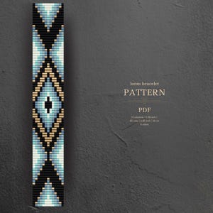 May include: A loom bracelet pattern in PDF format. The design features a geometric pattern in black, light blue, and tan colors. The pattern includes 13 columns, 86 rows, and is 0.09 inches wide and 5.86 inches long. The pattern uses 6 colors.