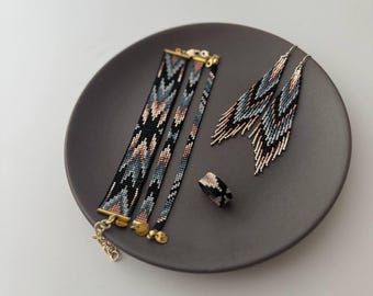 SATZ VON 5 Mustern - Loom Armbänder, Peyote Ring und Fransen Ohrringe, PDF, Perlenschmuck DIY