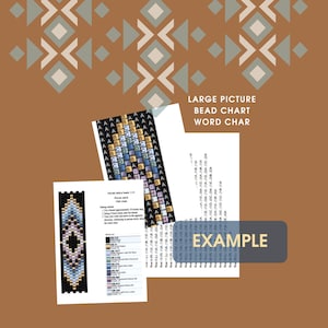 May include: A digital pattern for Miyuki Delica beads featuring a geometric design, a bead list, and a word chart. The document includes instructions for peyote stitch, a visual bead chart, and a row-by-row word chart labeled with the text LARGE PICTURE BEAD CHART WORD CHAR and EXAMPLE.