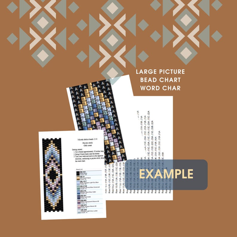 May include: A digital pattern for Miyuki Delica beads featuring a geometric design, a bead list, and a word chart. The document includes instructions for peyote stitch, a visual bead chart, and a row-by-row word chart labeled with the text LARGE PICTURE BEAD CHART WORD CHAR and EXAMPLE.