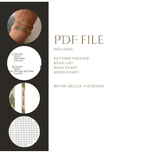 May include: A PDF file download for a beaded bracelet pattern. The pattern includes a preview, bead list, bead chart, and word chart. The bracelet is made with Miyuki Delica 11/0 beads.