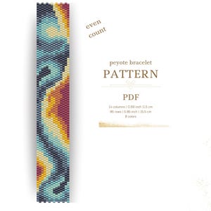 May include: A peyote stitch bracelet pattern with a colorful abstract design. The pattern is for a bracelet that is 5.85 inches long and 0.69 inches wide. It uses 8 colors.