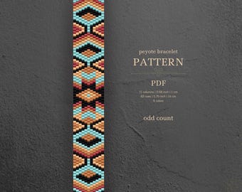 Peyote pattern, beaded bracelet, orange teal tribal design, easy beading, pdf