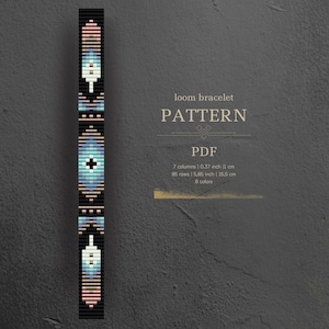 May include: A loom bracelet pattern with a geometric design in shades of blue, pink, white, and gold on a black background. The pattern is 7 columns wide and 85 rows long, measuring 0.37 inches wide and 5.85 inches long. It requires 8 colors.