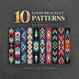 May include: A digital bundle of 10 loom bracelet patterns featuring geometric designs in vibrant colours including pink, blue, orange, and yellow. The text 10 LOOM BRACELET PATTERNS BUNDLE and DIGITAL PDF PATTERNS is displayed in gold lettering against a dark background.