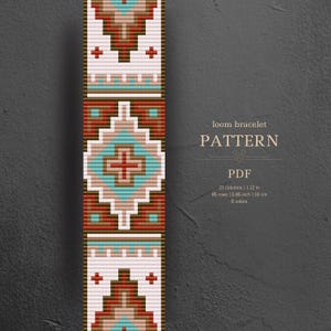 May include: A loom bracelet pattern PDF featuring a geometric design with white, brown, red, and turquoise beads. The text reads: loom bracelet PATTERN PDF, 21 columns | 1.12 in, 85 rows | 5.85 inch | 16 cm, 6 colors. The pattern is vertical.
