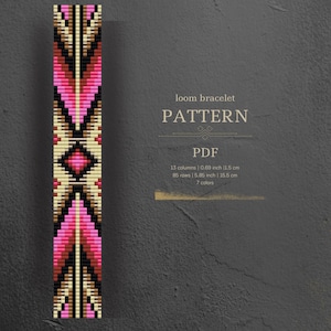 May include: A loom bracelet pattern with a geometric design in pink, brown, black, and cream colors. The pattern is 13 columns by 85 rows, measuring 0.69 inches by 5.85 inches. The pattern is for a loom bracelet and requires 7 colors.