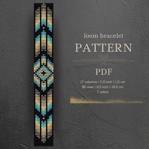 May include: A black loom bracelet pattern with a geometric design in turquoise, gold, and white. The pattern includes the text "loom bracelet PATTERN PDF". The bracelet design is 1.5 cm wide and 16.5 cm long.