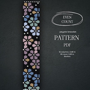 May include: A digital peyote bracelet pattern PDF featuring a black background with a repeating floral design in shades of purple, blue, teal, and gold. The text reads EVEN COUNT, peyote bracelet, PATTERN, PDF, 16 columns | 0.85 in, 85 rows | 5.85 in, 8colors.