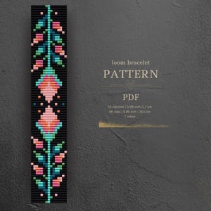 May include: A loom bracelet pattern featuring a floral design with pink, orange, teal, and green colors. The pattern is 15 columns wide and 85 rows long, measuring 0.69 inches by 5.85 inches. The pattern is for a loom bracelet and requires 7 colors.