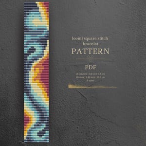 May include: A loom-knitted bracelet pattern with a colorful abstract design. The pattern is for a bracelet that is 5.85 inches long and 0.8 inches wide. It uses 8 colors.